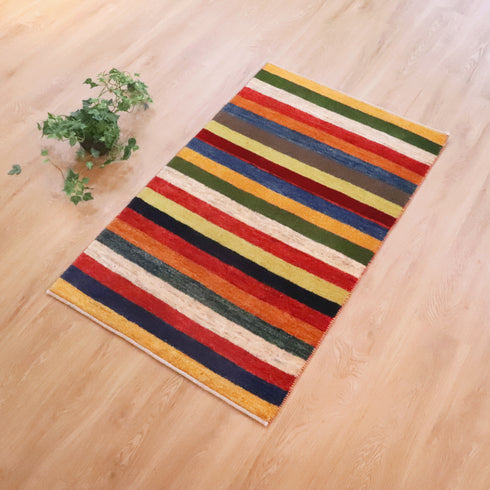 ギャッベ絨毯 「太ボーダーで魅せる彩り絨毯」 10022083【126×75】