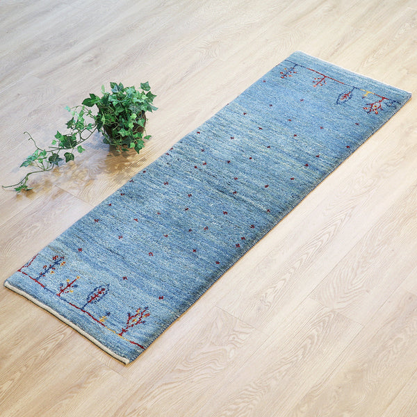 ギャッベ絨毯「花と生命の樹に包まれた爽やかブルー」10118078【147×49】