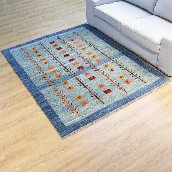 ギャッベ絨毯「淡青に立つ、四本の生命」10123242【193×152】