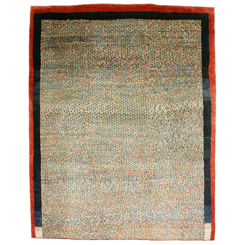 ギャッベ絨毯「守りの赤枠と紺の調べ」 913643【285×226】