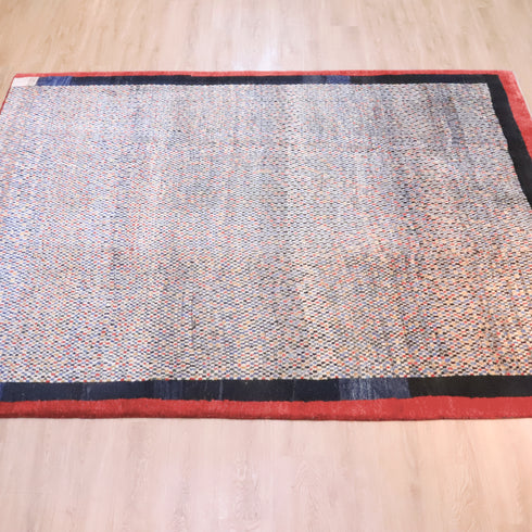 ギャッベ絨毯「守りの赤枠と紺の調べ」 913643【285×226】